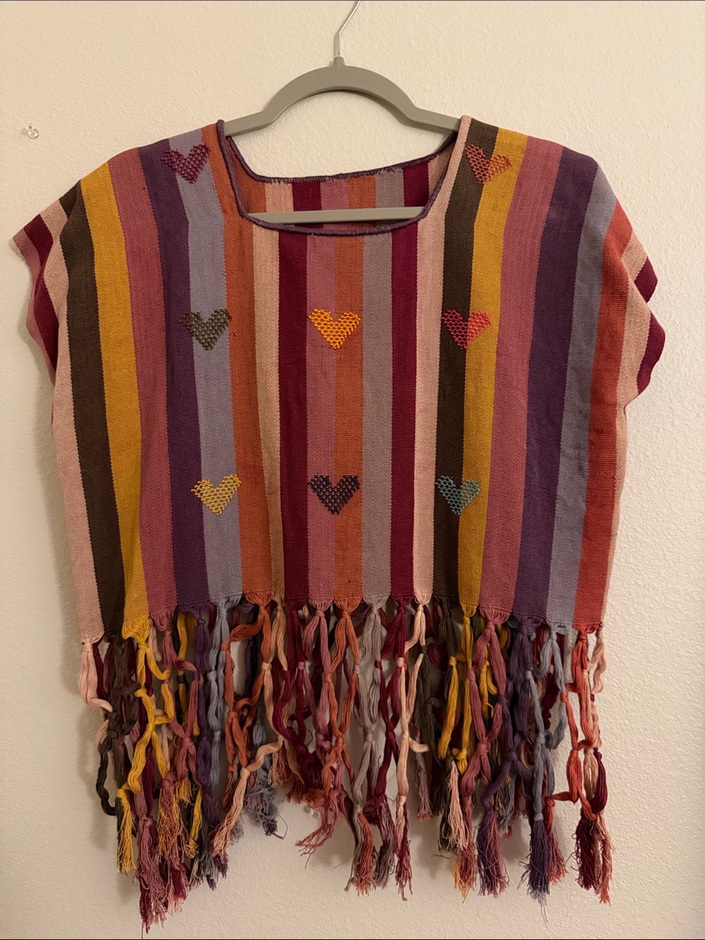 Striped Heart Fringe Poncho in Multicolor